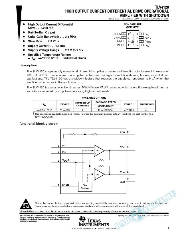 High Output Differential Drive Operational Amplifier with Shutdown (Rev. B)