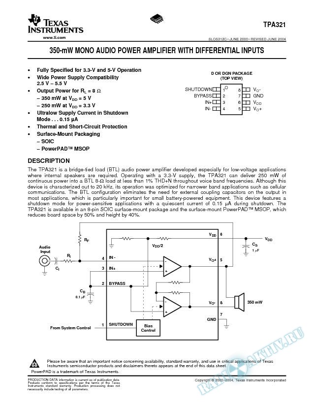 TPA321: 350-mW Mono Audio Power Amplifier with Differential Inputs (Rev. C)