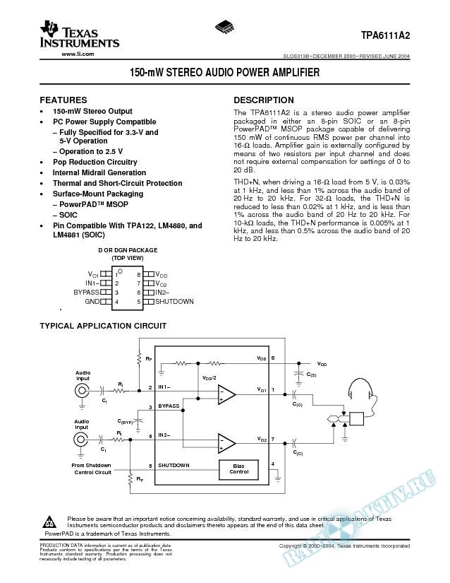 TPA6111A2: 150-mW Stereo Audio Power Amplifier (Rev. B)