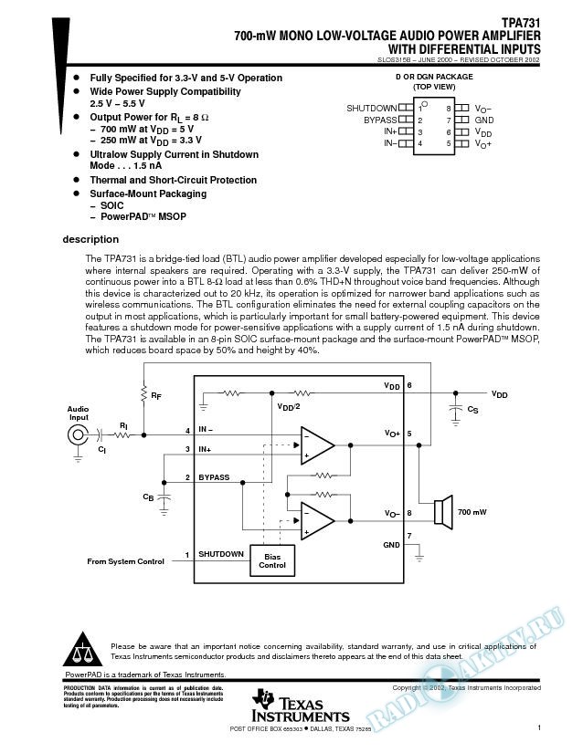 700-mW Mono Low-Voltage Audio Power Amplifier with Differential Inputs (Rev. B)