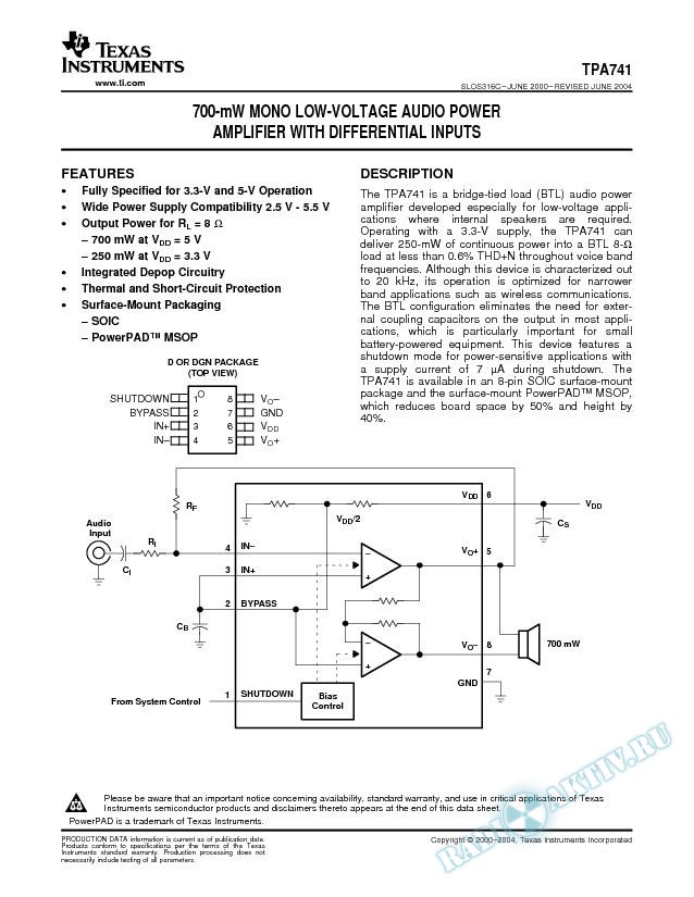 TPA741: 700-mW Mono Low-Voltage Audio Power Amplifier w/Differential Inputs (Rev. C)