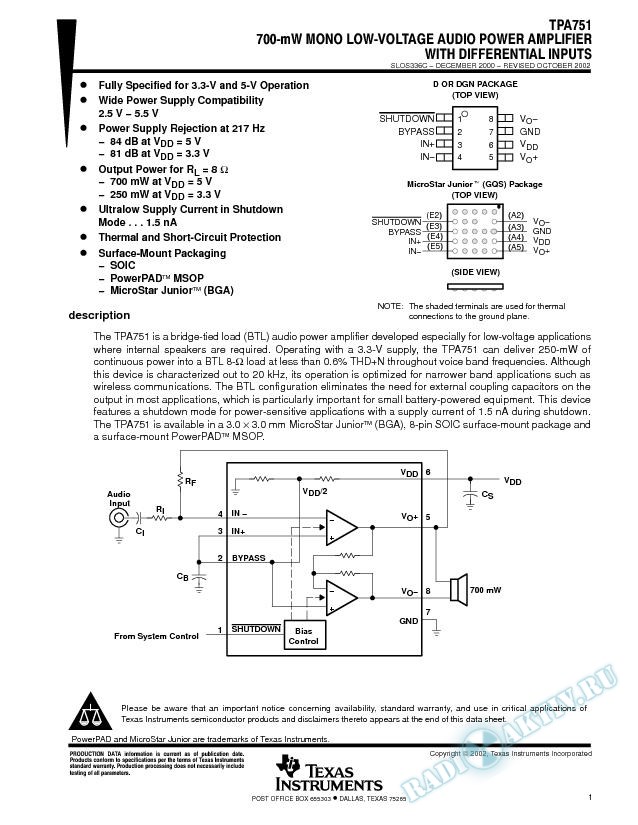 700-mW Mono Low-Voltage Audio Power Amplifier with Differential Inputs (Rev. C)