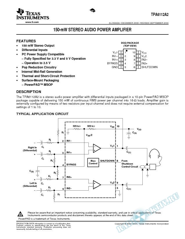 TPA6112A2: 150-mW Stereo Audio Power Amplifier (Rev. A)