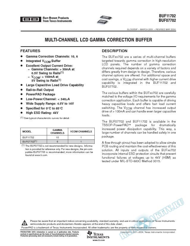 BUF11702, BUF07702: Multi-Channel LCD Gamma Correction Buffer (Rev. F)