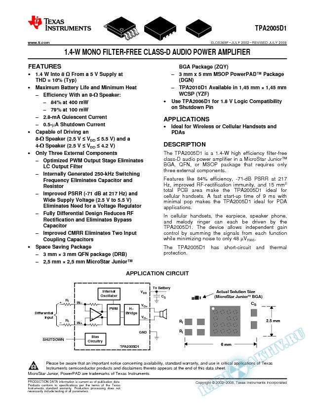 TPA2005D1: 1.4-W Mono Filter-Free Class-D Audio Power Amplifier (Rev. F)