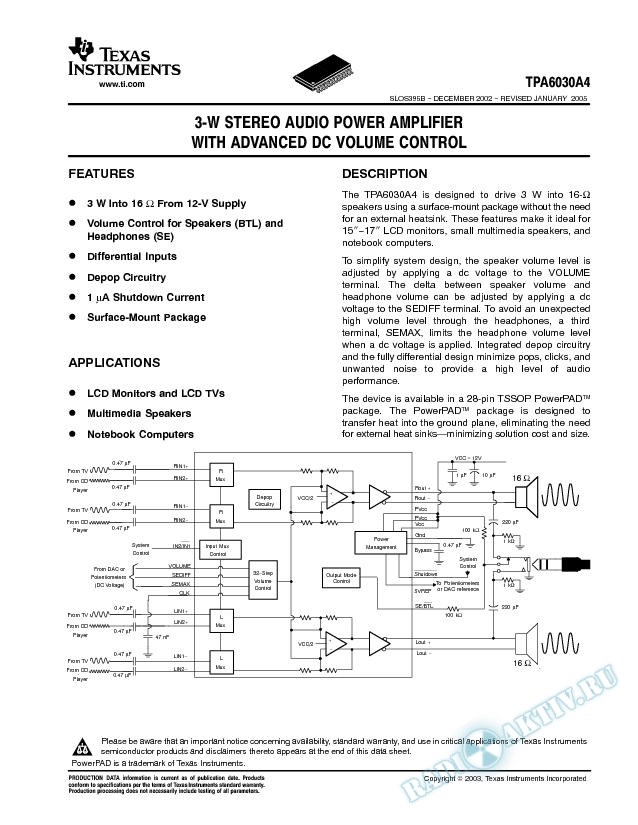 3-W Stereo Audio Power Amplifier With Advanced DC Volume Control (Rev. B)