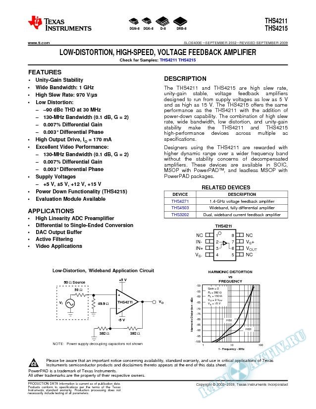 THS4211, THS4215:  Low-Distortion High-Speed Voltage Feedback Amplifier (Rev. E)