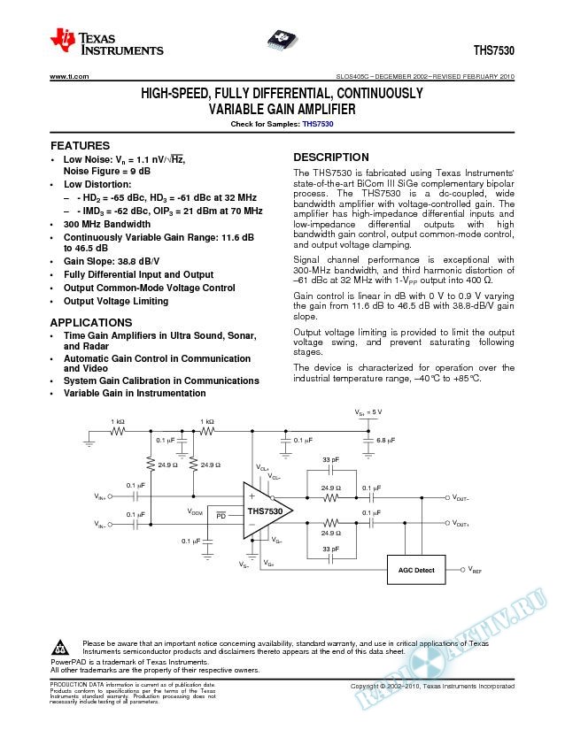 High-Speed, Fully-Differential, Continuously-Variable Gain Amplifier (Rev. C)
