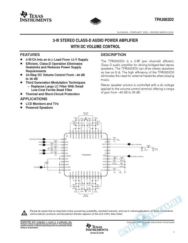 TPA3003D2: 3-W Stereo Class-D Audio Power Amplifier w/DC Volume Control (Rev. A)