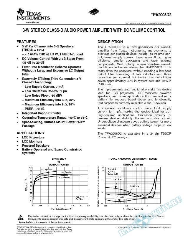 TPA2008D2:  3-W Stereo Class-D Audio Power Amplifier w/DC Vol Control (Rev. C)