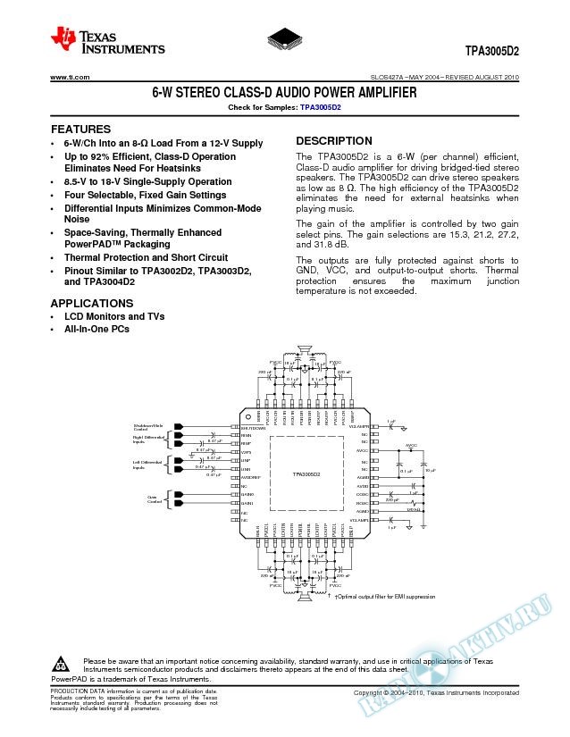 TPA3005D2: 6-W Stereo Class-D Audio Power Amplifier (Rev. A)