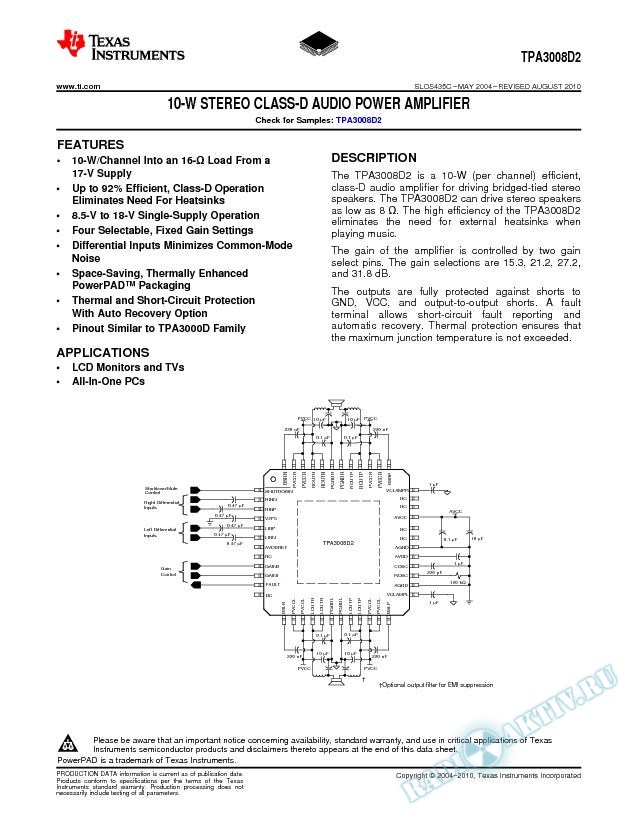 TPA3008D2:  10-W Stereo Class-D Audio Power Amp (Rev. C)