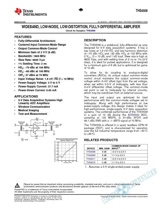 Wideband, Low-Noise, Low-Distortion, Fully-Differential Amplifier (Rev. H)