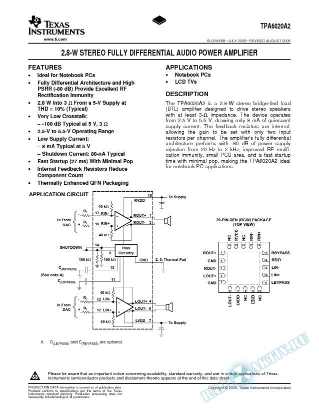 2.8-W Stereo Fully Differential Audio Power Amplifier (Rev. B)