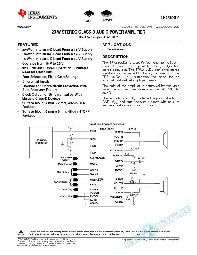 20W Stereo Class-D Audio Power Amplifier (Rev. F)