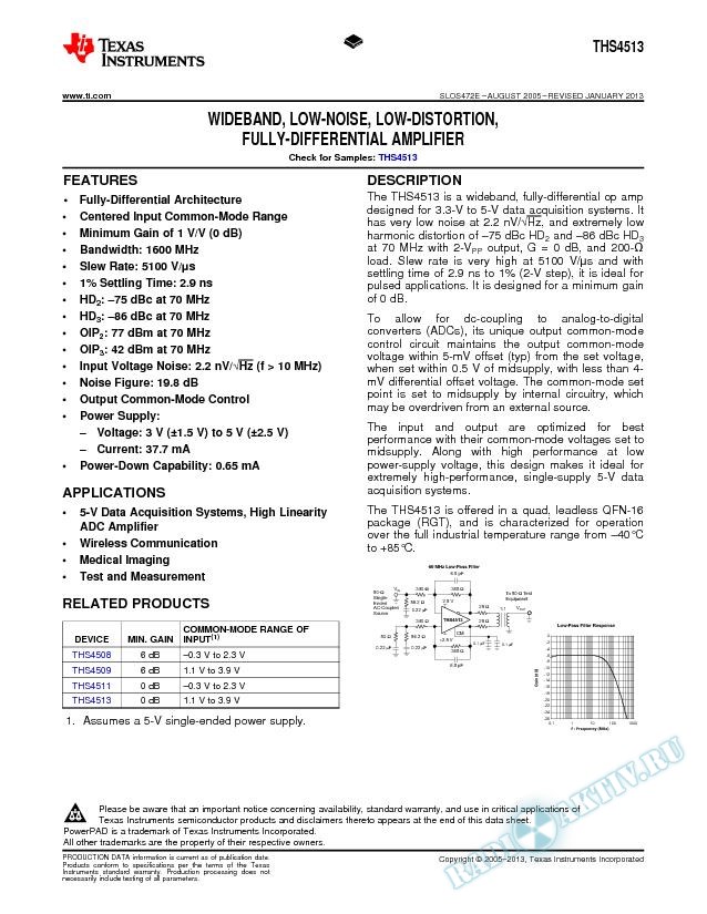 Wideband, Low-Noise, Low-Distortion, Fully-Differential Amplifier. (Rev. E)