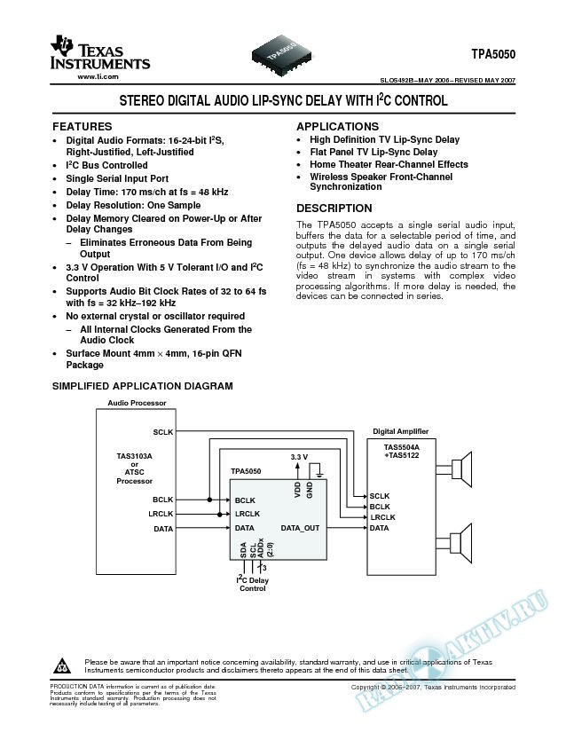 Stereo Digital Audio Lip-Sync Delay With I2C Control (Rev. B)
