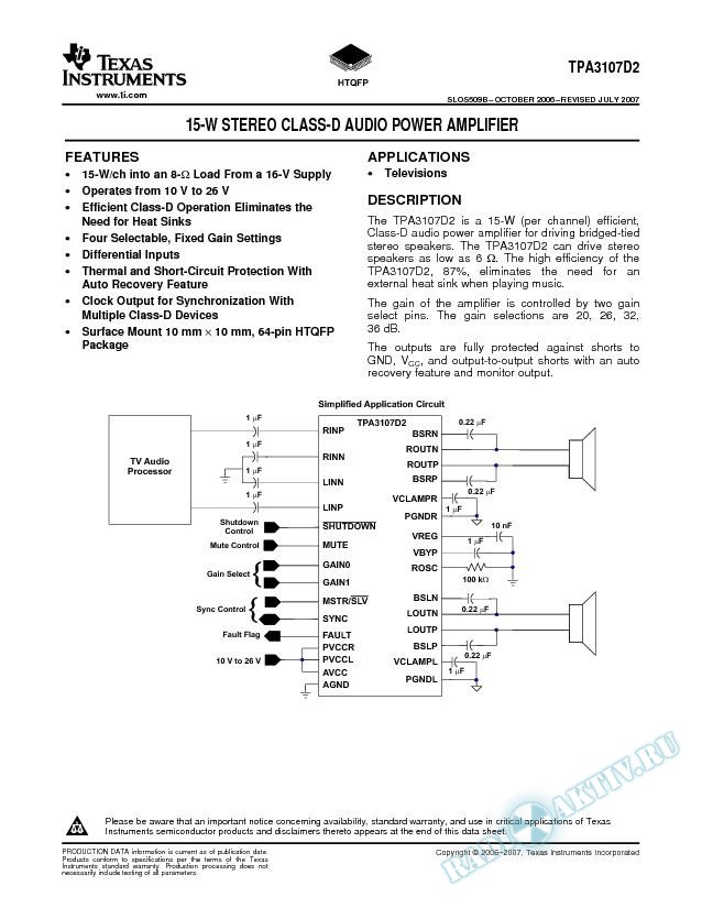 15-W Stereo Class-D Audio Power Amplifier (Rev. B)