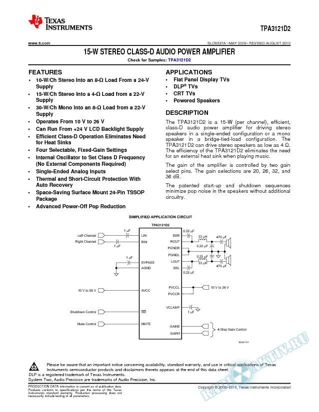 15W Stereo Class-D Audio Power Amplifier (Rev. A)