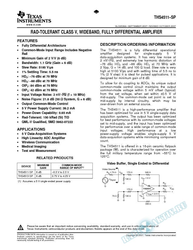 Rad-Tolerant Class V, Wideband, Fully Differential Amplifier (Rev. A)