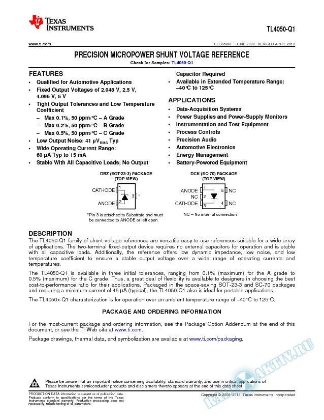 TL4050-Q1 Precision Micropower Shunt Voltage Reference (Rev. F)
