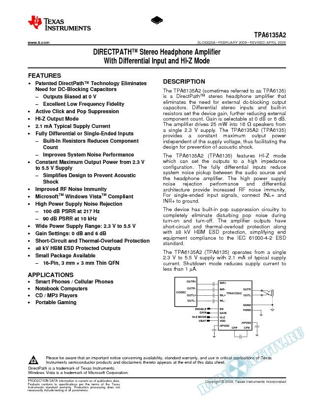 DIRECTPATHTM STEREO HEADPHONE AMPLIFIER WITH DIFFERENTIAL INPUTS AND HI-Z MODE (Rev. A)