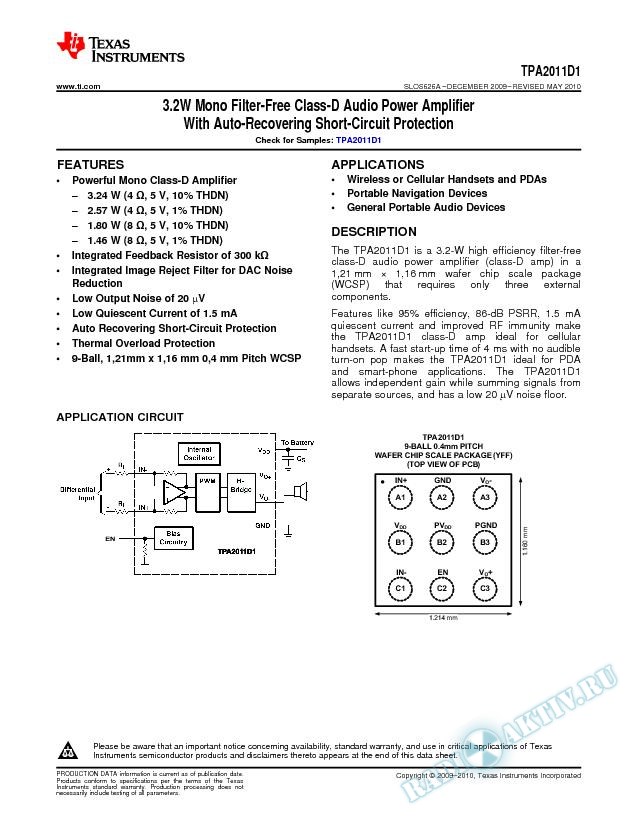 3.2W Mono Class-D with Auto-Recovering Short-Circuit Protection (Rev. A)