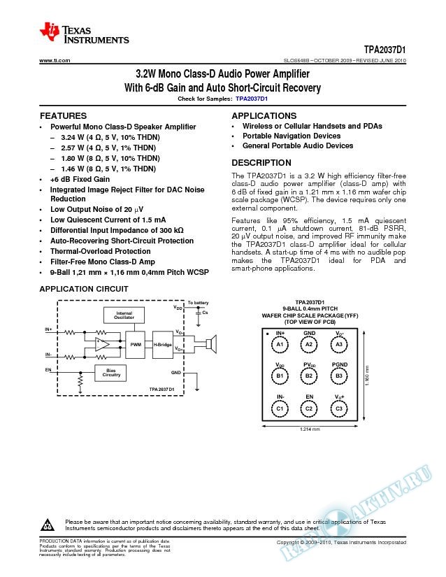 3.2W Mono Class-D Audio Power Amplifier with 6-dB Gain and Auto Short-Circuit Re (Rev. B)