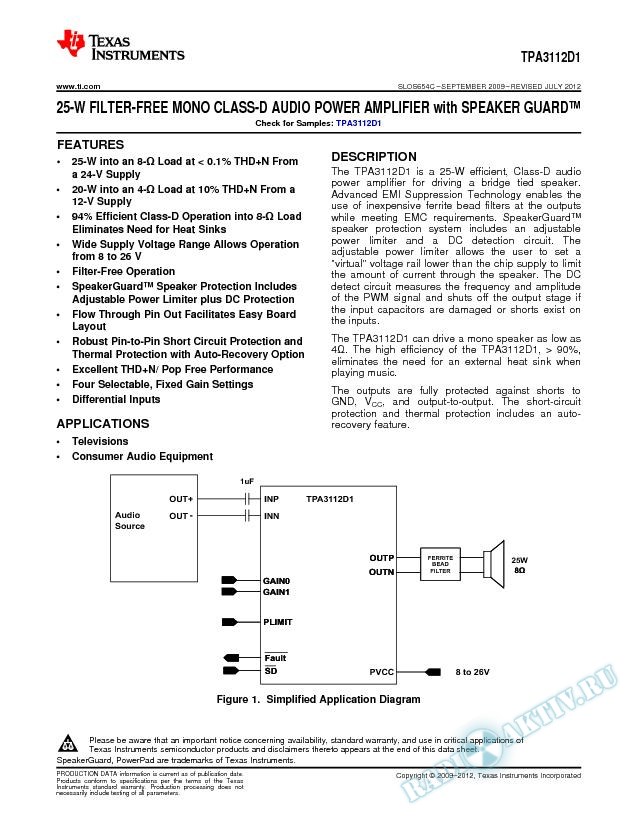 25-W Filter-Free Mono Class-D Audio Power Amplifier with Speaker Guard™ (Rev. C)
