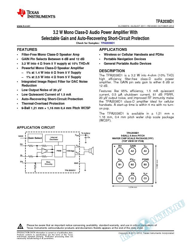 3.2W Mono Class-D with Selectable Gain. (Rev. A)