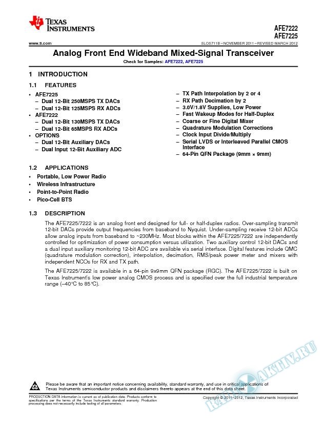 Analog Front End Wideband Mixed-Signal Transceiver. (Rev. B)