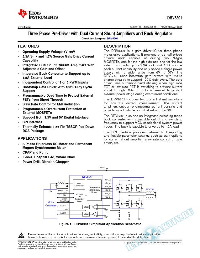 Three Phase Pre-Driver with Dual Current Shunt Amplifiers and Buck Regulator (Rev. A)