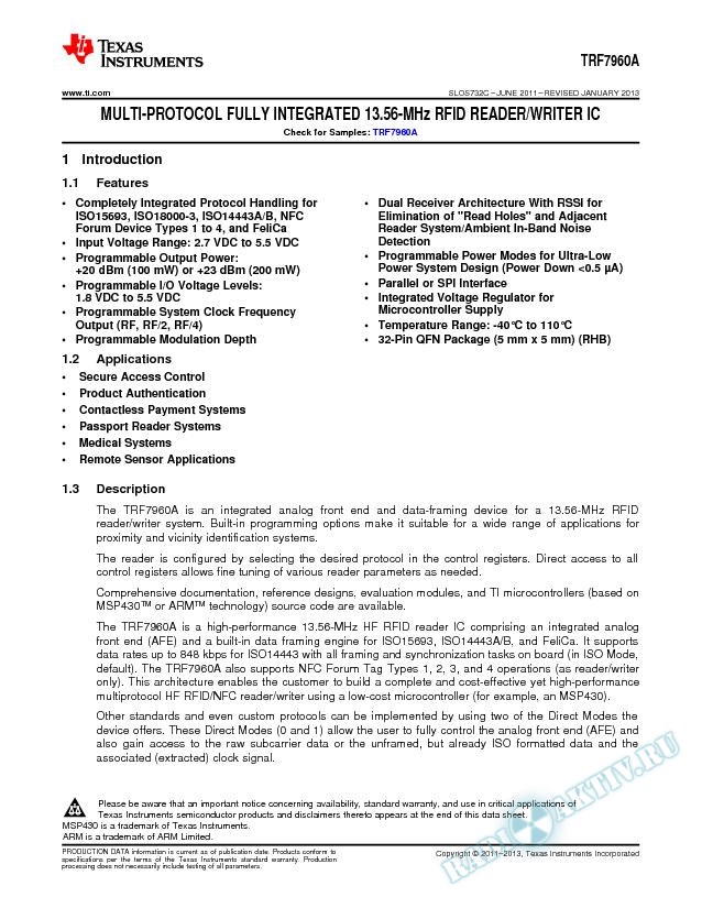 TRF7960A Multi-Protocol Fully Integrated 13.56-MHz RFID Writer/Reader IC (Rev. C)
