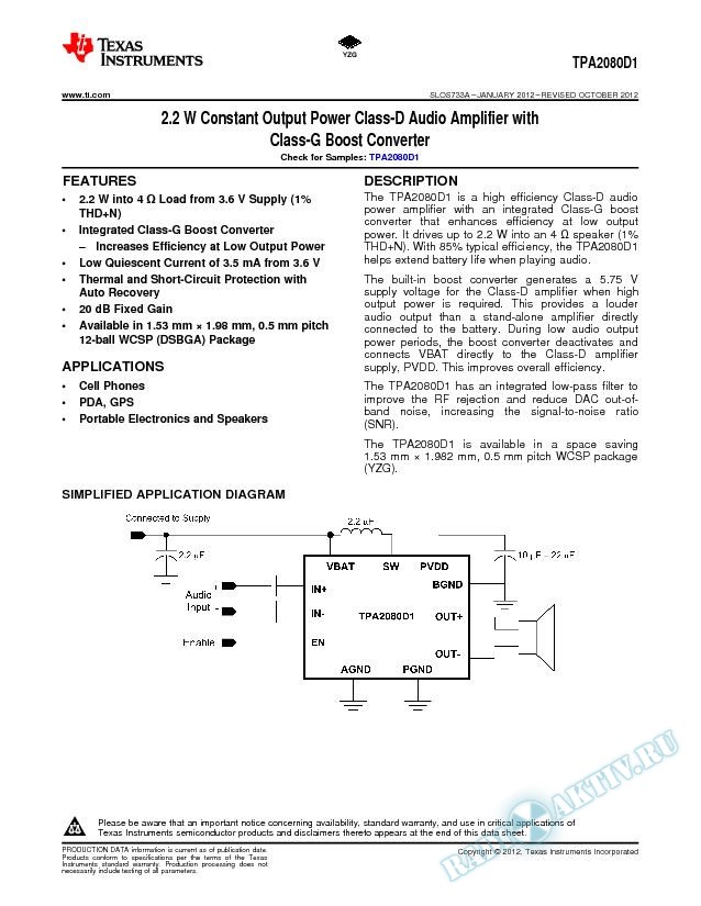 2.2W Constant Output Power Class-D Audio Amplifier w/ Class-G Boost Converter (Rev. A)
