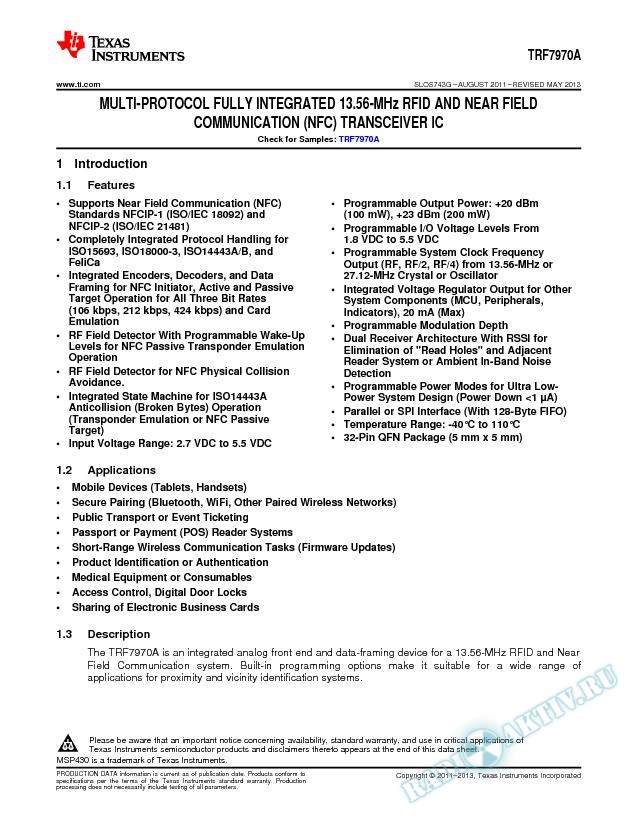 TRF7970A Multi-Protocol Fully Integrated 13.56-MHz RFID and NFC Transceiver IC (Rev. G)