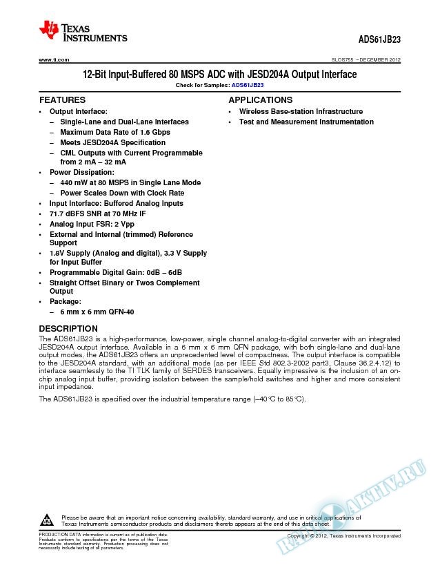 12-Bit Input-Buffered 80 MSPS ADC with JESD204A Output Interface