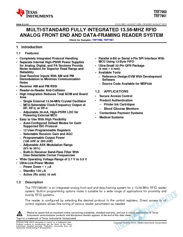 TRF7960, TRF7961 Multi-Standard Fully Integrated 13.56-MHz RFID Analog Front End (Rev. F)