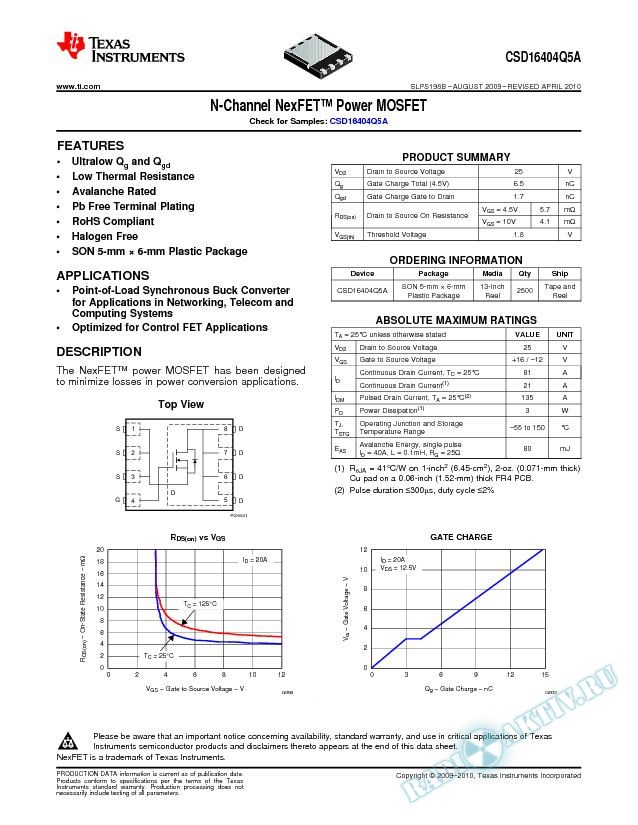 N-Channel NexFET Power MOSFET, CSD16404Q5A (Rev. B)