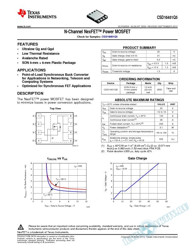 N-Channel NexFET Power MOSFET, CSD16401Q5 (Rev. A)