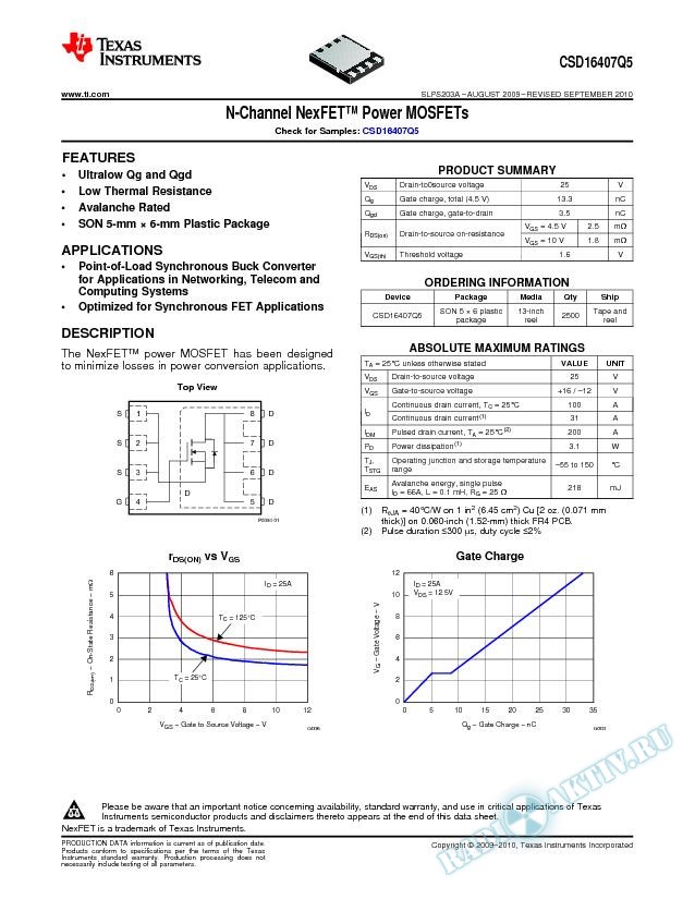 N-Channel NexFET™ Power MOSFETs, CSD16407Q5 (Rev. A)