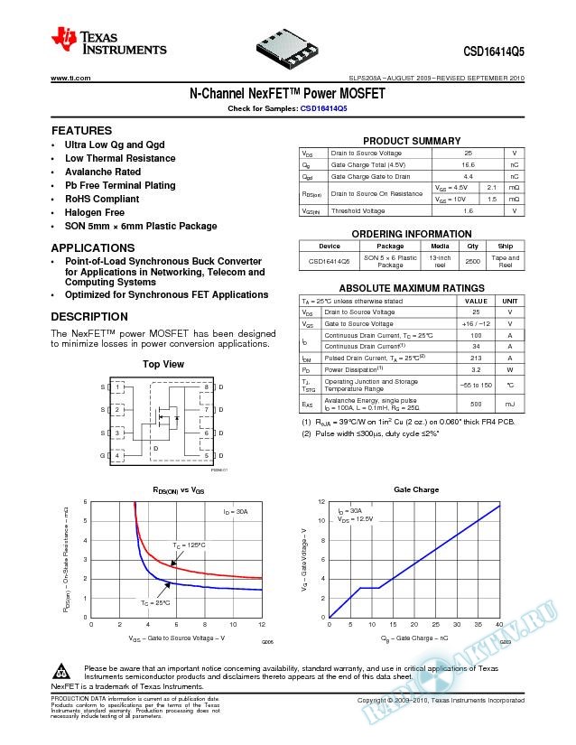 N-Channel NexFET™ Power MOSFETs, CSD16414Q5 (Rev. A)