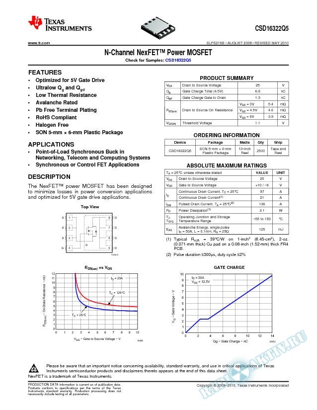 N-Channel NexFET Power MOSFETs (CSD16322Q5) (Rev. B)