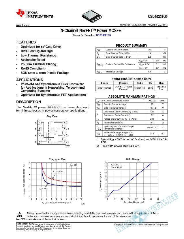 N-Channel NexFET Power MOSFET, CSD16321Q5 (Rev. B)