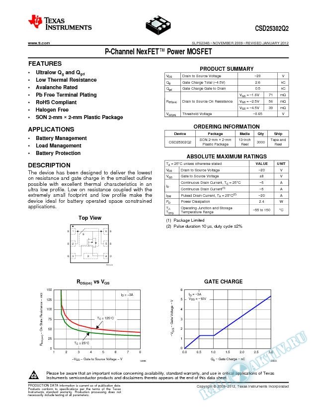P Channel, NexFET Power MOSFET, CSD25302Q2 (Rev. B)