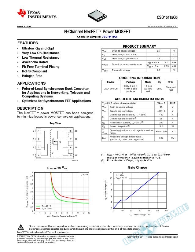 N-Channel NexFET Power MOSFET, CSD16415Q5