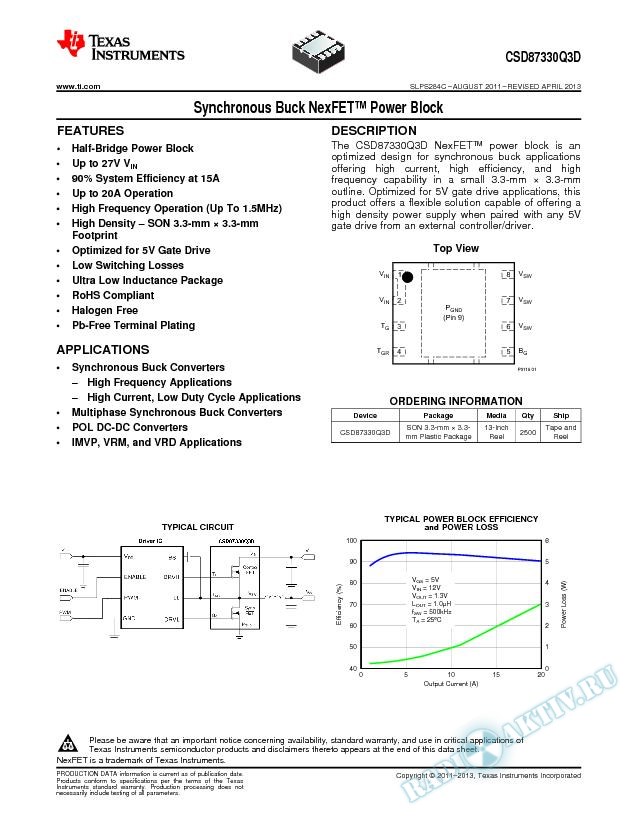 30V Synchronous Buck NexFET™ Power Block - CSD87330Q3D. (Rev. C)