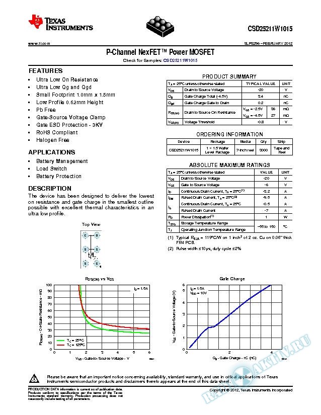 P-Channel NexFET Power MOSFET - CSD25211W1015