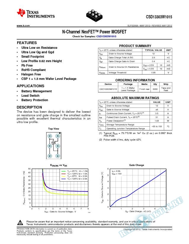 N-Channel NexFET™ Power MOSFET, CSD13303W1015 (Rev. A)