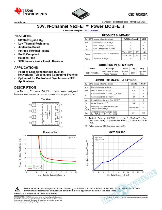30V, N-Channel NexFET™ Power MOSFETs (Rev. A)