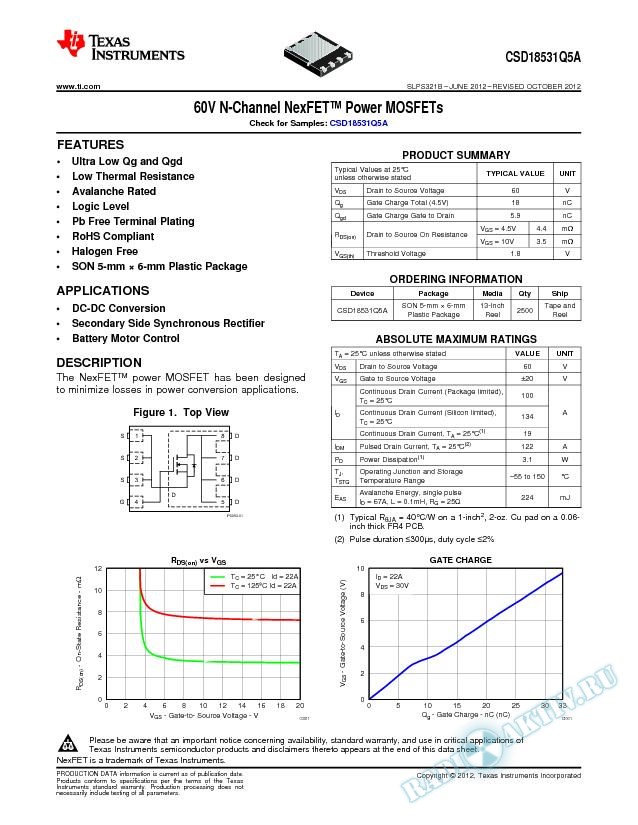 60V N-Channel NexFET Power MOSFETs, CSD18531Q5A (Rev. B)